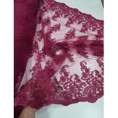 Tule Bordado Europa Bordô com Soutache - Largura 1,40 m x Comprimento 1,60 m 