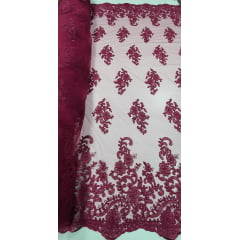 Tule Bordado Europa Bordô com Soutache - Largura 1,40 m x Comprimento 1,60 m 