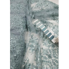 Tule Bordado com Pedrarias Cerâmica claro - largura 1,40 m x Comprimento 1,50 m 