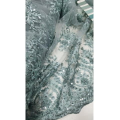 Tule Bordado com Pedrarias Cerâmica claro - largura 1,40 m x Comprimento 1,50 m 