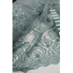 Tule Bordado com Pedrarias Cerâmica claro - largura 1,40 m x Comprimento 1,50 m 