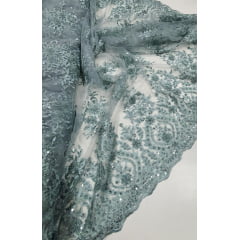 Tule Bordado com Pedrarias Cerâmica claro - largura 1,40 m x Comprimento 1,50 m 