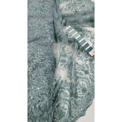 Tule Bordado com Pedrarias Cerâmica claro - largura 1,40 m x Comprimento 1,50 m 