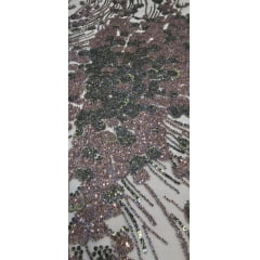 Tule Bordado com Pedrarias Premium Verde Oliva com Rosê Modelo HS1847 - Largura 1,35 m x Comprimento 0,70 cm