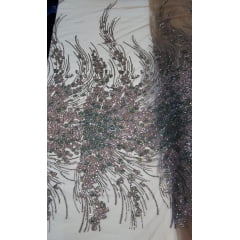 Tule Bordado com Pedrarias Premium Verde Oliva com Rosê Modelo HS1847 - Largura 1,35 m x Comprimento 0,70 cm