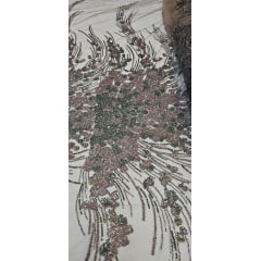 Tule Bordado com Pedrarias Premium Verde Oliva com Rosê Modelo HS1847 - Largura 1,35 m x Comprimento 0,70 cm