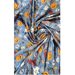 Cetim Estampado  Fundo Azul Jeans Halloween Abóboras - Largura 1,47 m x Comprimento 2,50 m 