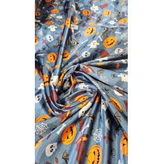 Cetim Estampado  Fundo Azul Jeans Halloween Abóboras - Largura 1,47 m x Comprimento 2,50 m 