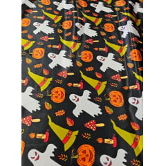 Cetim Estampado Halloween Fundo Preto Fantasmas - Largura 1,47 m x Comprimento 1,50 m 