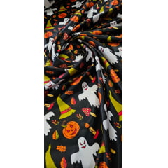 Cetim Estampado Halloween Fundo Preto Fantasmas - Largura 1,47 m x Comprimento 1,50 m 