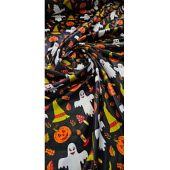 Cetim Estampado Halloween Fundo Preto Fantasmas - Largura 1,47 m x Comprimento 1,50 m 