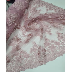 Tule Bordado com Bico Rosê 481A - Largura 1,30 m x Comprimento 2 m 