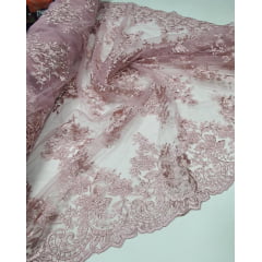 Tule Bordado com Bico Rosê 481A - Largura 1,30 m x Comprimento 2 m 