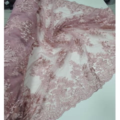 Tule Bordado com Bico Rosê 481A - Largura 1,30 m x Comprimento 2 m 