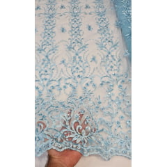 Tule Bordado com Pedrarias em Arabescos Azul Bebê 917D -Largura 1,35 m x Comprimento 2,50 m 