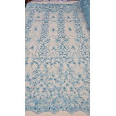 Tule Bordado com Pedrarias em Arabescos Azul Bebê 917D -Largura 1,35 m x Comprimento 2,50 m 