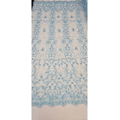 Tule Bordado com Pedrarias em Arabescos Azul Bebê 917D -Largura 1,35 m x Comprimento 2,50 m 