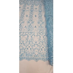 Tule Bordado com Pedrarias em Arabescos Azul Bebê 917D -Largura 1,35 m x Comprimento 2,50 m 