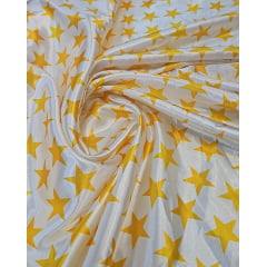 Cetim Estampado Fundo Branco Estrelas Amarelas - Largura 1,47 m x Comprimento 2 m 
