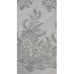 Tule Bordado com Fio Metálico Prata 149A - Largura 1,30 m x Comprimento 2 m 