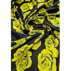 Cetim Estampado Fundo Preto Flores Amarelas - Largura 1,47 m x Comprimento 2,70 m 