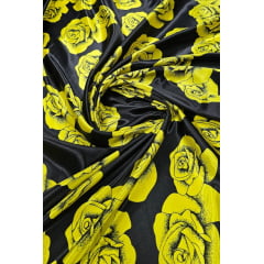 Cetim Estampado Fundo Preto Flores Amarelas - Largura 1,47 m x Comprimento 2,70 m 