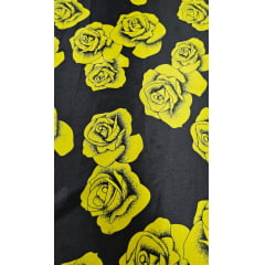 Cetim Estampado Fundo Preto Flores Amarelas - Largura 1,47 m x Comprimento 2,70 m 
