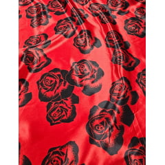 Cetim Estampado Fundo Vermelho Rosas Pretas AMASSADO- Largura 1,47 m x Comprimento 1,80 M 