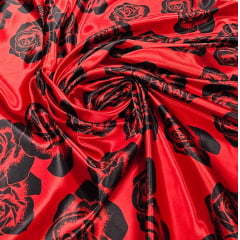 Cetim Estampado Fundo Vermelho Rosas Pretas AMASSADO- Largura 1,47 m x Comprimento 1,80 M 