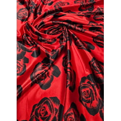 Cetim Estampado Fundo Vermelho Rosas Pretas AMASSADO- Largura 1,47 m x Comprimento 1,80 M 