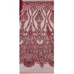 Tule Bordado com Glitter e Paetê Vermelho Modelo 3563 - Largura 1,45 m x Comprimento 3 m
