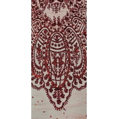 Tule Bordado com Glitter e Paetê Vermelho Modelo 3563 - Largura 1,45 m x Comprimento 3 m