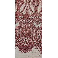 Tule Bordado com Glitter e Paetê Vermelho Modelo 3563 - Largura 1,45 m x Comprimento 3 m