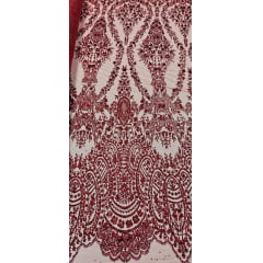 Tule Bordado com Glitter e Paetê Vermelho Modelo 3563 - Largura 1,45 m x Comprimento 3 m