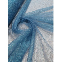 Tule Bordado com Glitter Azul Turquesa com Caminho Sem Fim - Largura 1,60 m x Comprimento 1 m 