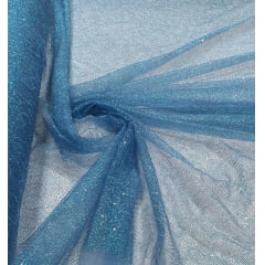 Tule Bordado com Glitter Azul Turquesa com Caminho Sem Fim - Largura 1,60 m x Comprimento 1 m 