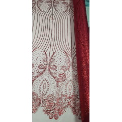 Tule Bordado Arabescos Luxo com Glitter Vermelho Cereja  - Largura 1,40 m x Comprimento 3 m 