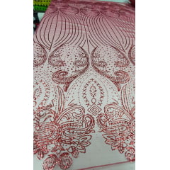Tule Bordado Arabescos Luxo com Glitter Vermelho Cereja  - Largura 1,40 m x Comprimento 3 m 