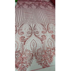 Tule Bordado Arabescos Luxo com Glitter Vermelho Cereja  - Largura 1,40 m x Comprimento 3 m 
