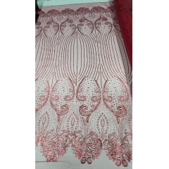 Tule Bordado Arabescos Luxo com Glitter Vermelho Cereja  - Largura 1,40 m x Comprimento 3 m 