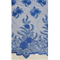 Tule Bordado com Fio Metálico Azul Royal 149A - Largura 1,30 m x Comprimento 2,50 m 