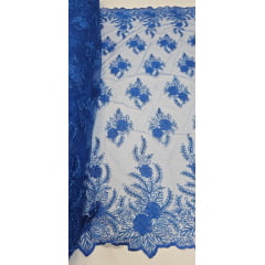 Tule Bordado com Fio Metálico Azul Royal 149A - Largura 1,30 m x Comprimento 2,50 m 