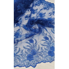 Tule Bordado com Fio Metálico Azul Royal 149A - Largura 1,30 m x Comprimento 2,50 m 