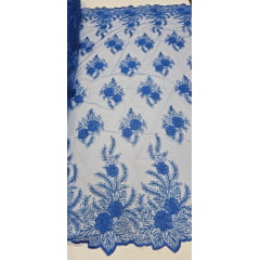 Tule Bordado com Fio Metálico Azul Royal 149A - Largura 1,30 m x Comprimento 2,50 m 