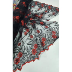 Tule Bordado com Fio Metálico Bicolor Vermelho e Preto 149A - Largura 1,30 m x Comprimento 1 m 