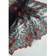 Tule Bordado com Fio Metálico Bicolor Vermelho e Preto 149A - Largura 1,30 m x Comprimento 1 m 