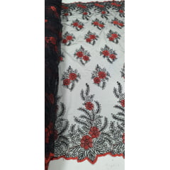 Tule Bordado com Fio Metálico Bicolor Vermelho e Preto 149A - Largura 1,30 m x Comprimento 1 m 
