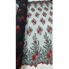 Tule Bordado com Fio Metálico Bicolor Vermelho e Preto 149A - Largura 1,30 m x Comprimento 1 m 