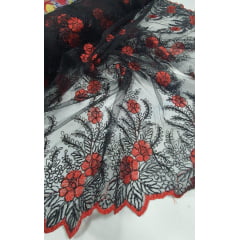 Tule Bordado com Fio Metálico Bicolor Vermelho e Preto 149A - Largura 1,30 m x Comprimento 1 m 
