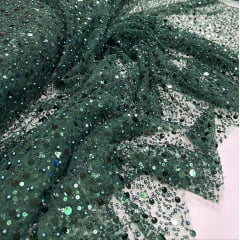 Tule Bordado com Paetês e Pedrarias Verde Floresta - Largura 1,30 m x Comprimento 1 m 
